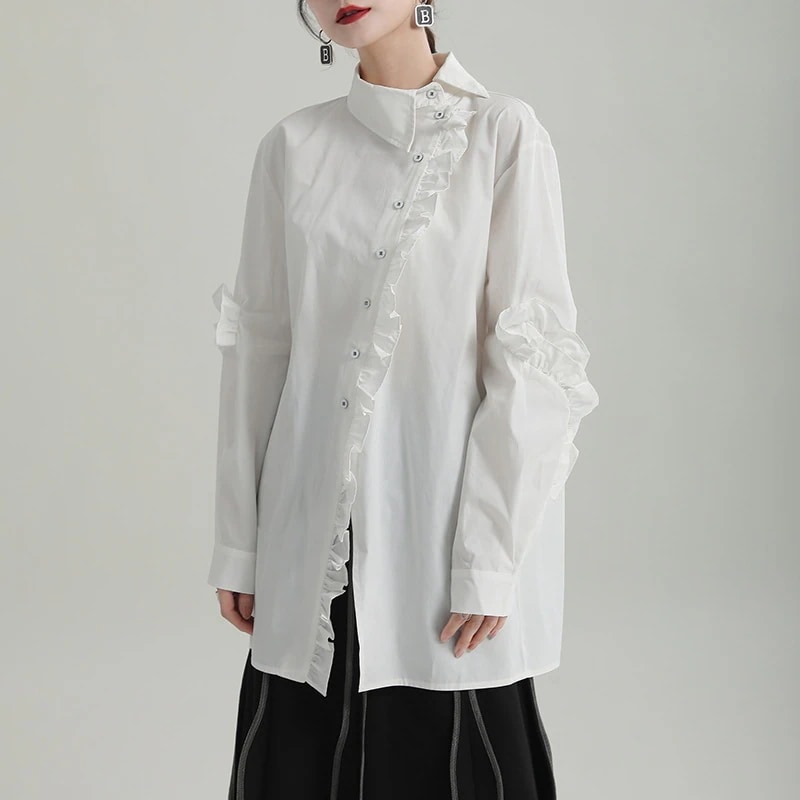 【J.Fashion】 秋 ロングブラウス フリル 不規則デザイン チャイナ風 ロングシャツ レディース おしゃれ 関連商品は店で購入可能 メガ割30%までに制限