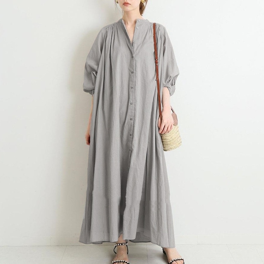 【再入荷予定】 早い者勝ち ファッションAラインギャザー ボタンパフスリーブカジュアルワンピース