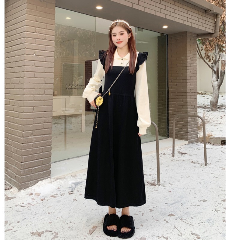 大きいサイズ女性偽2ピースニットワンピース秋冬優しい部ラインスカートヘップバーン風ドレープスカート