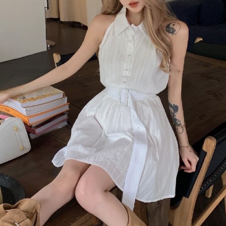 ノースリーブ ポロカラー ワンピース レディース ショート フレア ウエストマーク ハイウエスト ボタン かわいい 大人可愛い きれいめ シンプル カジュアル 上品 レトロ こなれ感 マニッシュ ガー