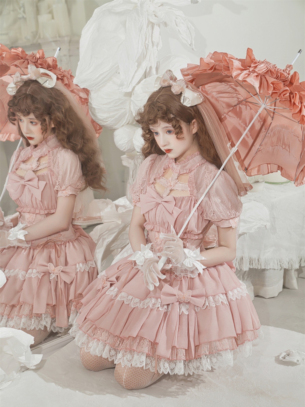 lolita地雷パーカーロリータ ワンピース ゴスロリドレスドレス-バタフライクロスドリーム-ウエストスイートプリンセスウエストパフィードレスショートスカート