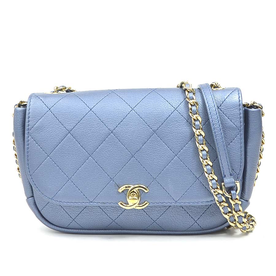 シャネル CHANEL ショルダーバッグ レザー メタリックブルー ゴールド レディース 90206g