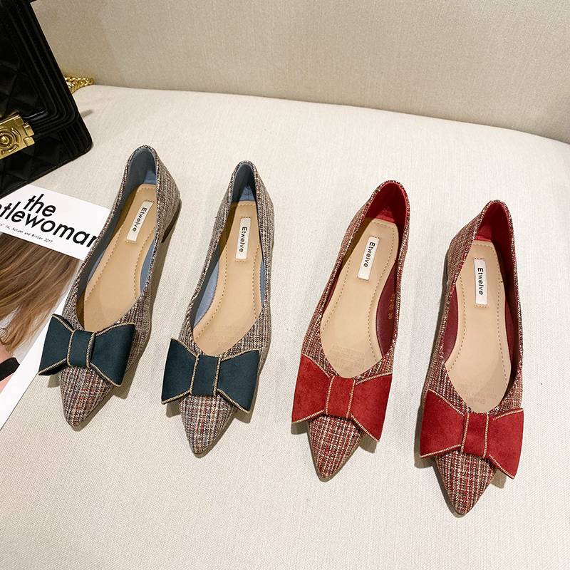 2color レディース シューズ フラットシューズ りぼん ツイード レトロ フラットパンプス ロ