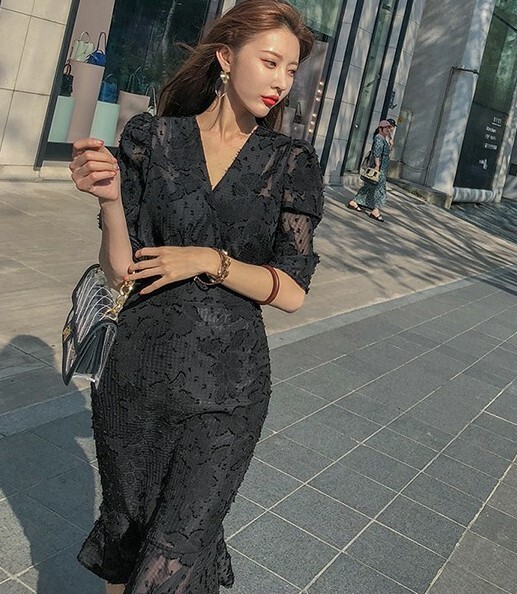 ワンピース ミモレ丈 袖あり 五分袖 Vネック タイト マーメイド 刺繍 ハイウエスト 透け感 大人可愛い きれいめ 上品 おしゃれ 大人可愛い ラブリー クール セクシー エレガント 存在感 花柄