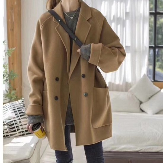 【取寄：納期2週間】コート レディース ミドル丈 コート レディース ダブルボタン 大きめポケット コート レディース ゆったり 体型カバー おしゃれ コート レディース ミドル丈 コート レディース