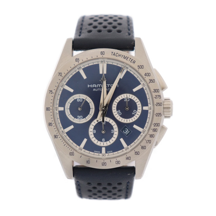 パフォーマー オートクロノ Jazzmaster ジャズマスター 腕時計 H36616640 ステンレススチール レザー シルバー ネイビー デイト 裏スケ 自動巻き【本物保証】