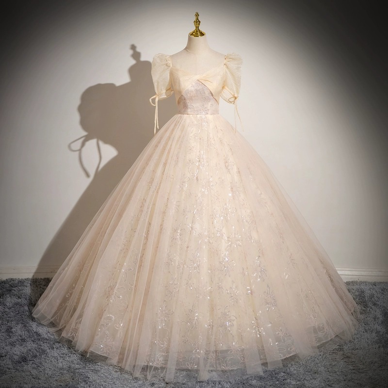 シャンパンイブニングドレス夏エレガントパフスリーブプリンセススカートチュチュスカート成人式学生美術受験ドレス