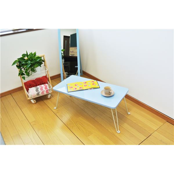 シンプル 折りたたみテーブル/ちゃぶ台 パステルブルー 幅80cm スチール製脚付き 完成品 リビング