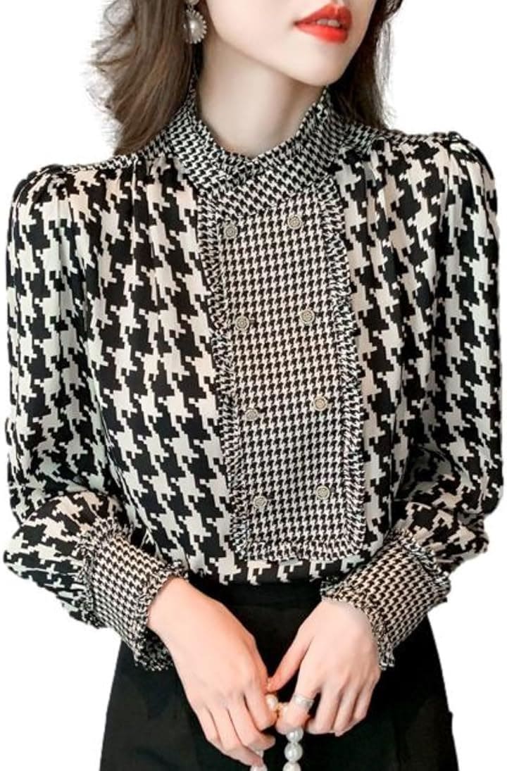 ブラウス レディース 千鳥格子柄 長袖 パフスリーブ 装飾ボタン モノトーン BB024-BK-XL(ブラック, XL)