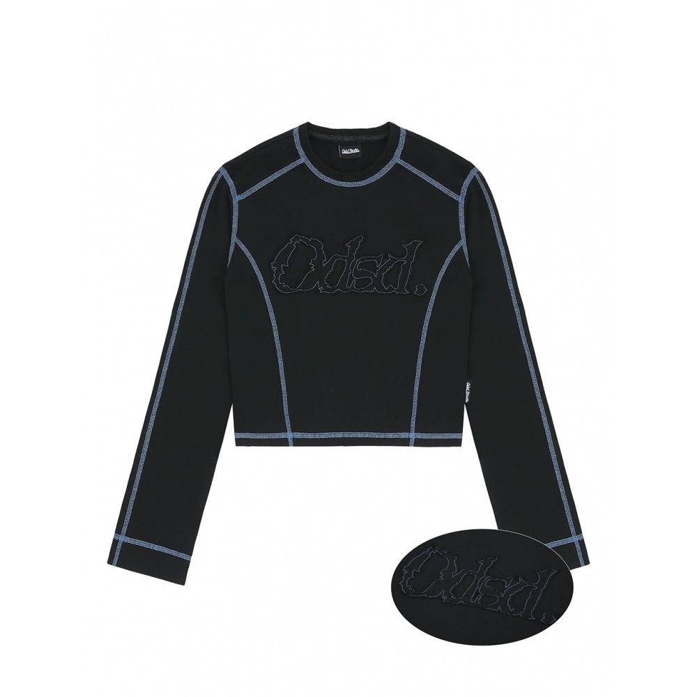 オッドスタジオ ODSD カットオフカバーステッチセミクロップ Tシャツブラック