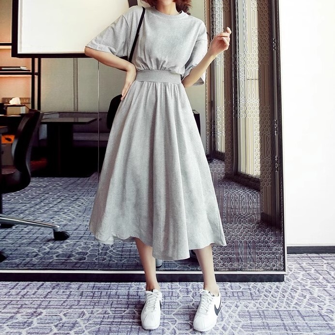 ワンピース レディース ロング ロング丈 S M L XL 2XL 韓国 半袖 ラウンドネック ハイウエスト かわいい 大人可愛い カジュアル おしゃれ お洒落 クール ストリート おとな ナチュラル