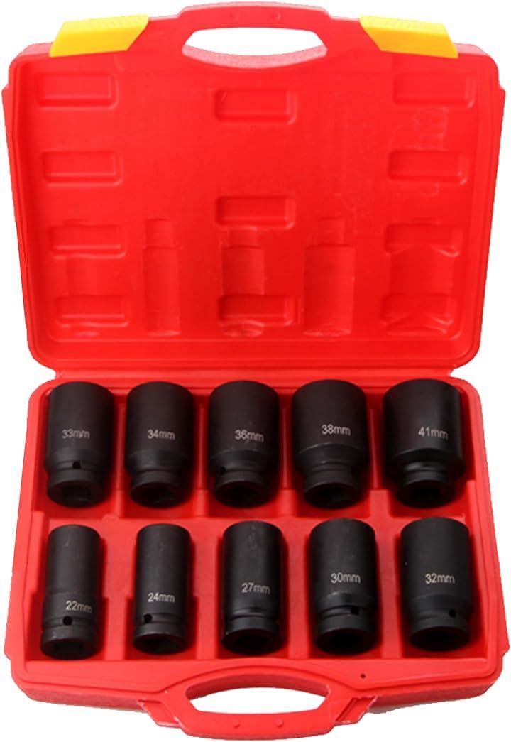 インパクトソケット ハブロックナット ディープソケット 収納ケース付き 22/24/27/30/32/33/34/36/38/41mm 差込角 3/4インチ 19mm 六角 10本