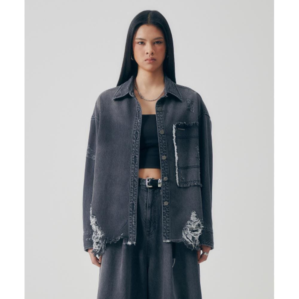 TREEMINGBIRD Distressed Square Denim Setup Jacket Gray