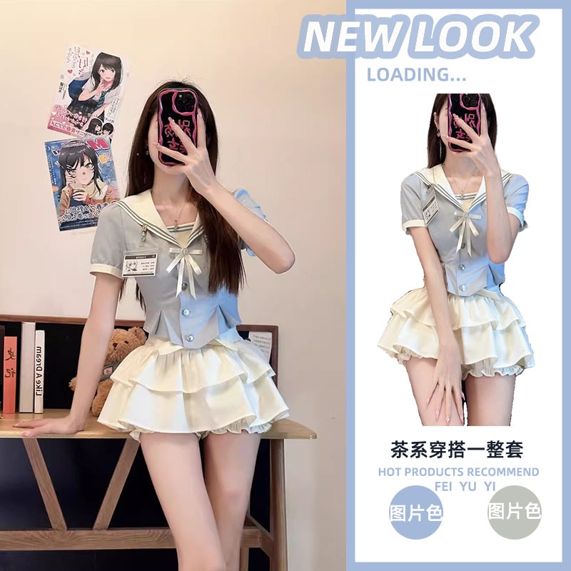韓国の甘い胸とカレッジスタイルの完全なセットが付いている夏のドーパミンウェア女性用夏用jk制服スーツスカート
