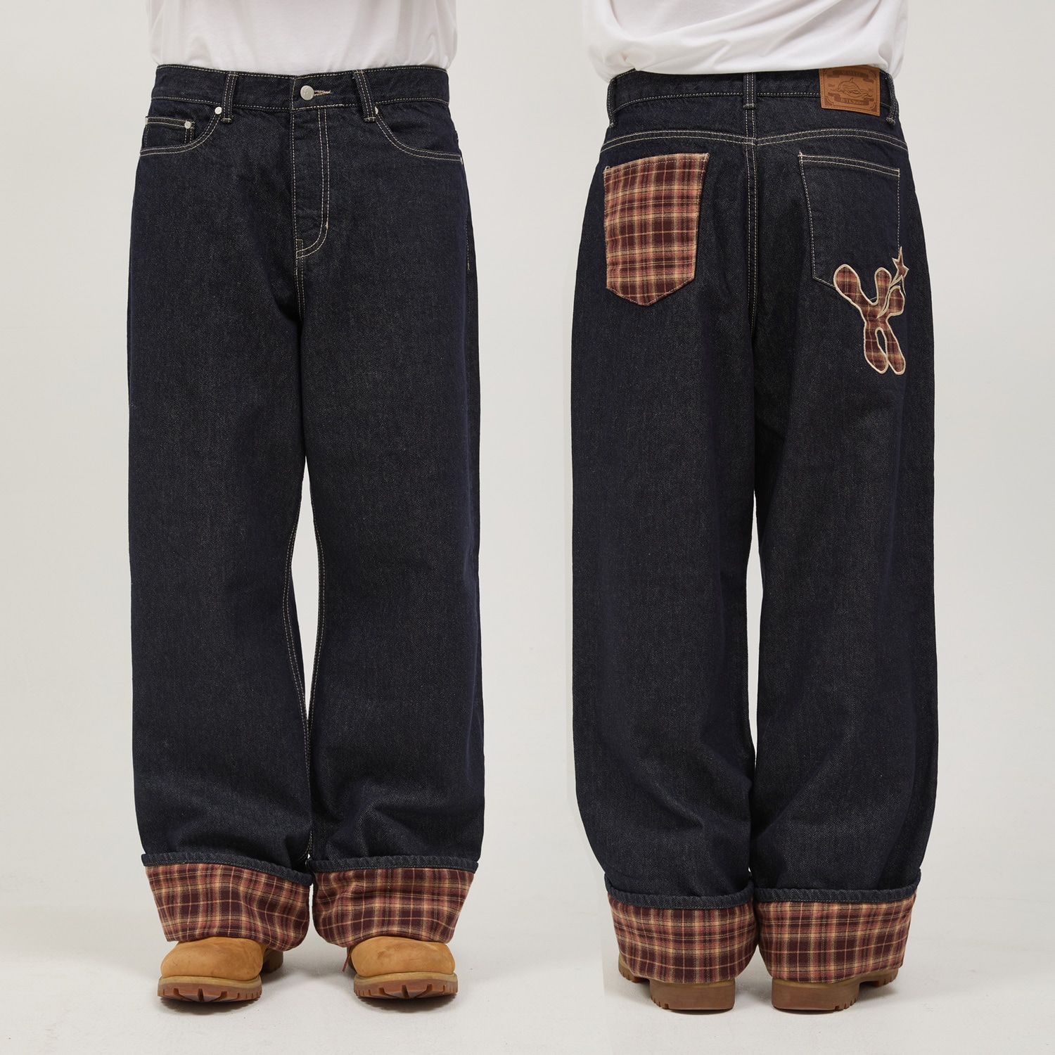 Check Applique Roll Up Row Indigo Denim Pants