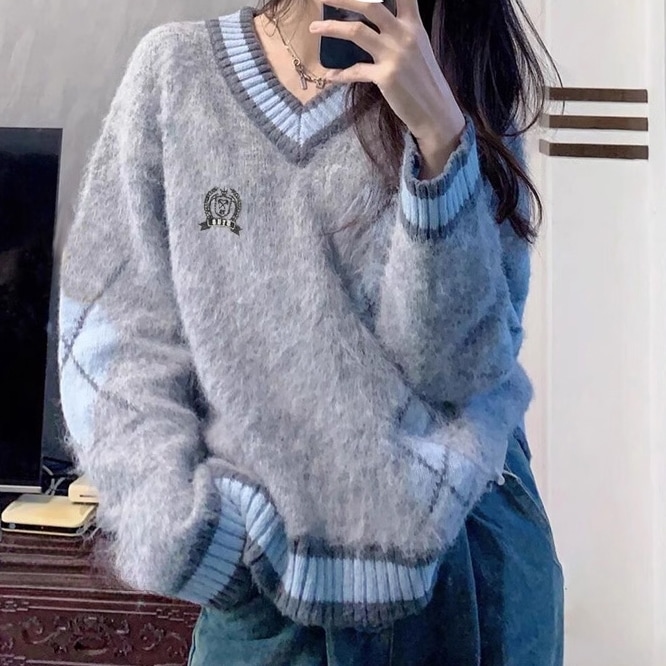 セーター ニット トップス Vネック モヘア 刺繍 アーガイル チェック 起毛 ワイド ビッグシルエット ドロップショルダー 長袖