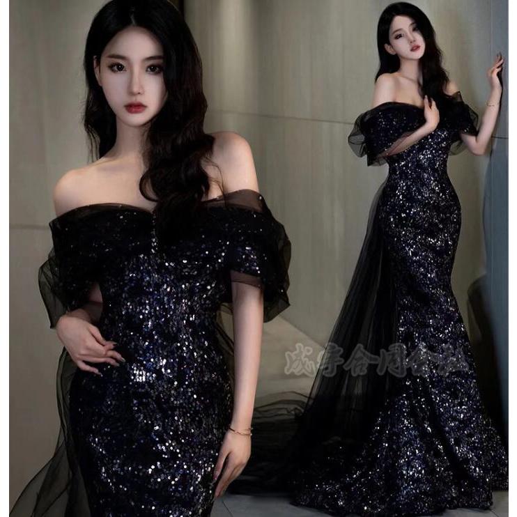 新しい秋のスタイル オフショルダー イブニングドレス ロングドレス パーティードレス スパンコール キラキラ 結婚式 二次会 マーメイドドレス スリム お呼ばれ 披露宴 編み上げ【3点で2００円OFF
