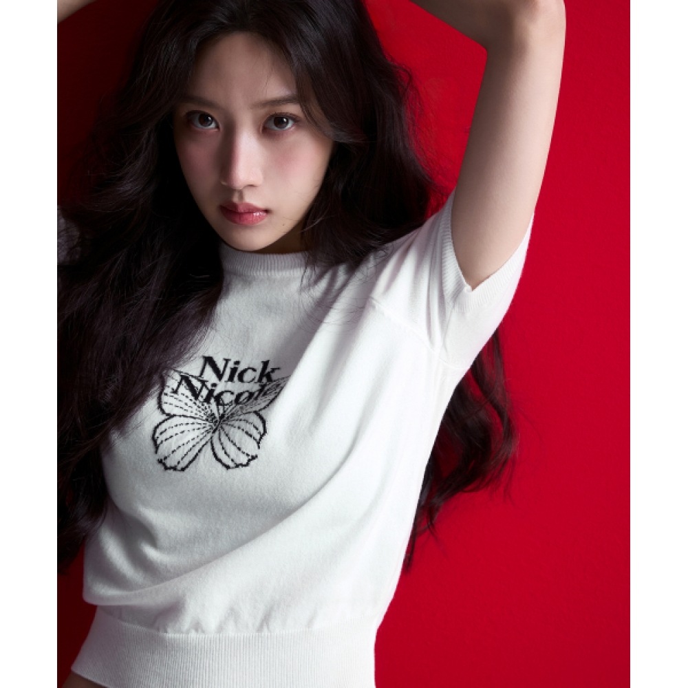 NICK&NICOLE ミニバタフライシグネチャーハーフニット_アイボリーブラック