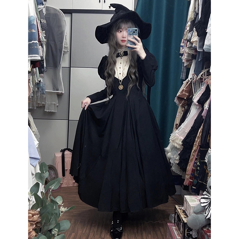 ハロウィンゴシックダークロリータシスターブラックロングウエストロリータドレス