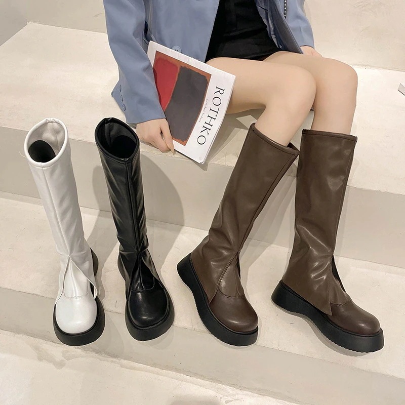 でロングブーツが復活ファッション ロングブーツ 厚底ブーツ レディース 靴 ローヒール 美脚効果 ラウンドトゥ着痩せ ロングブーツ