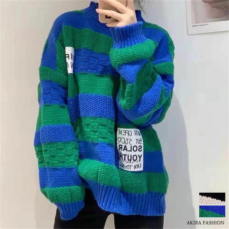 チャンキーニット クルーネック ざっくりニット ニット セーター タグデザイン レディース トップス ゆったり プルオーバー ストライプ カジュアル 秋冬 厚手 サイズ