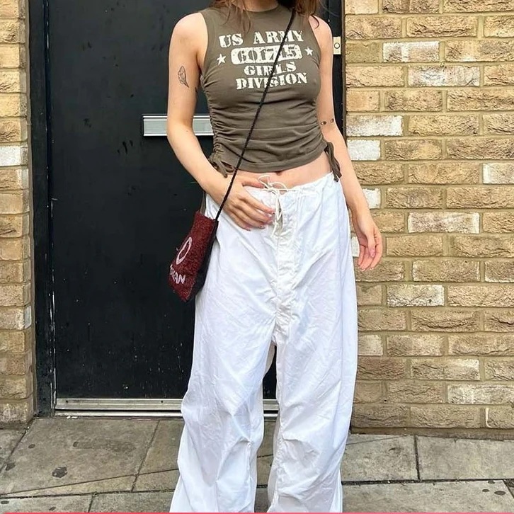 2025春夏 ウエストゴム ハイウエストカーゴパンツ ボトムスワイドパンツベイカーパンツストレートゆったりルーズ 韓国カジュアルスポーティーメンズライクレディースファッション