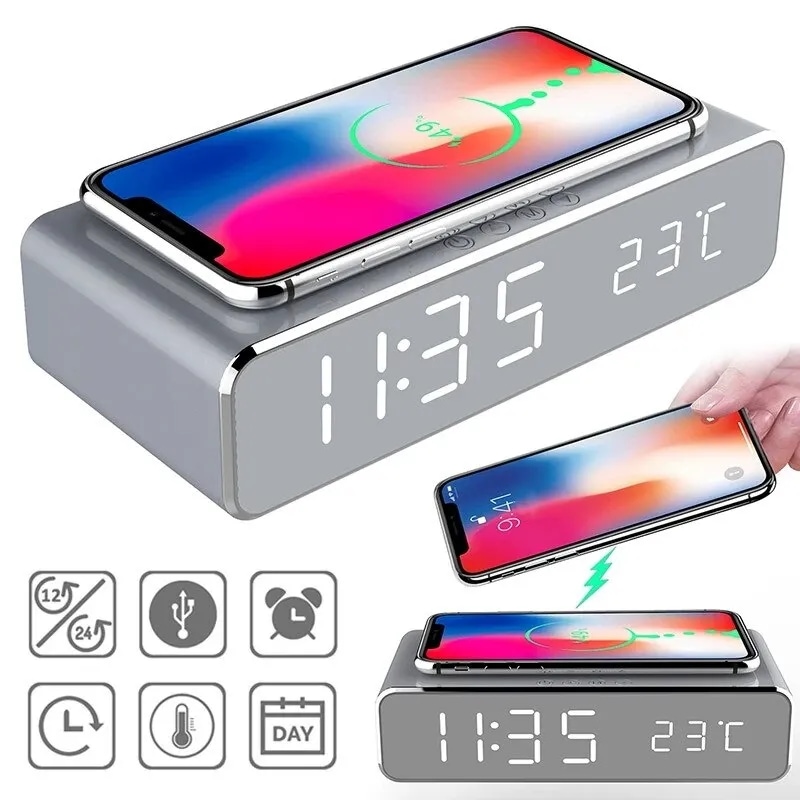 ワイヤレス充電器 時間目覚まし時計 LED デジタル温度計 イヤホン 携帯電話充電器 iPhone Samsung 用急速充電ドックステーション