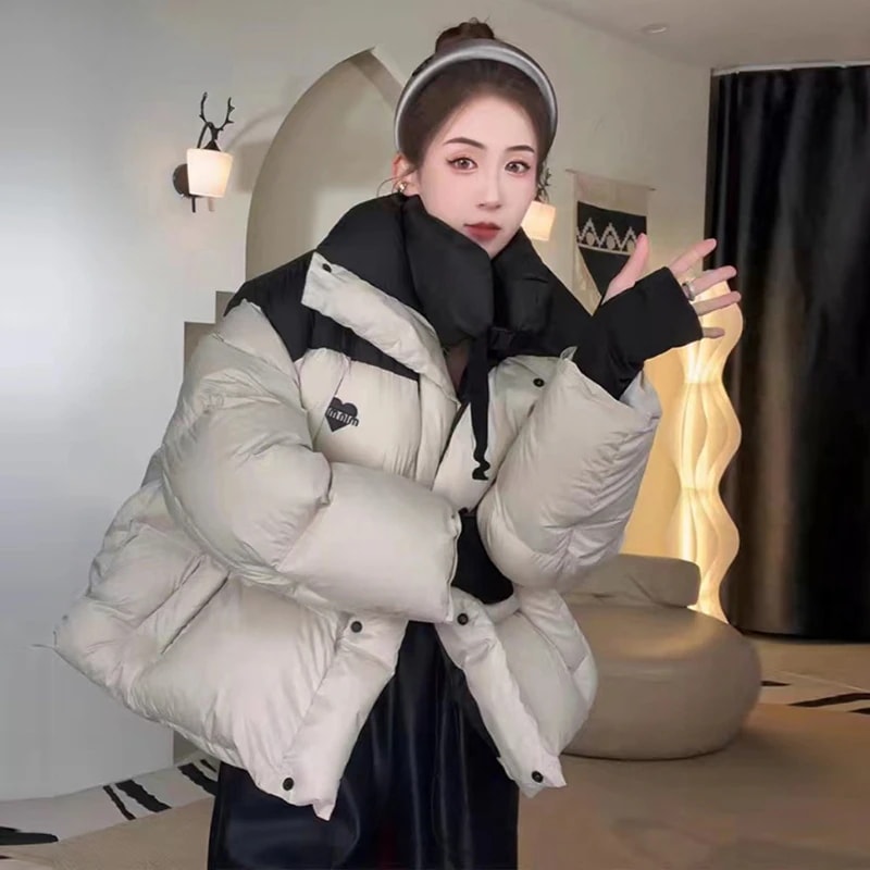 ファッション韓国版衝突色の短いダウンジャケット女性冬の新型ゆるい立襟愛カップル保温コート潮