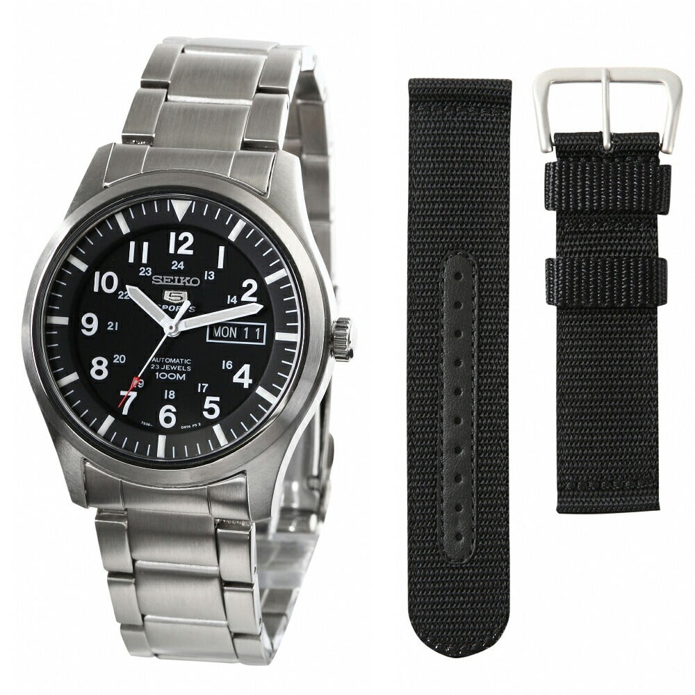 [10年保証] [セット商品] [セイコーインポート] [逆輸入品] SEIKO5 SNZG13K1 と SEIKO5 純正ミリタリー用 22mm ブラック ナイロンベルト の2点セット [簡易パッケ
