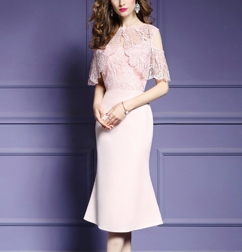 タイトドレス レース オープンショルダー 2色 異素材ミックス 膝下丈 ミディ丈 エレガント パーティー 結婚式 二次会 お呼ばれ ワンピース フォーマル 2018年新作 婚活パーティー 披露宴