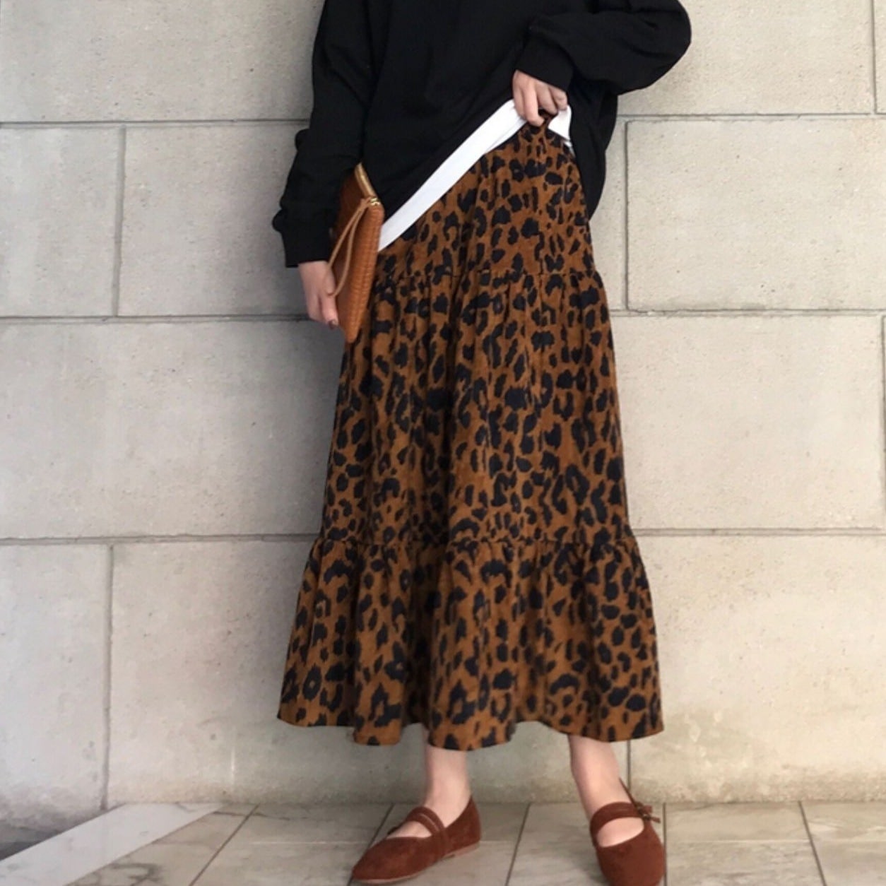 アニマル柄 ヒョウ柄マキシスカート ティアードロングスカート ハイウエスト ブラウン 茶色 韓国 レディース オルチャン ロング丈 マキシ丈 フレア Aライン フリル かわいい