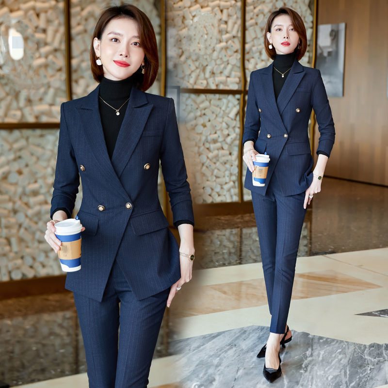 春秋物　ビジネススーツ　コート　ズボンスーツ　レディース　通勤　オフィス　トップス　制服　事務服　洗える　細身　就活　面接　大きいサイズ　　長袖　 ストライプ　縞　ポケット付き　グレー　ネイビー　ブラ