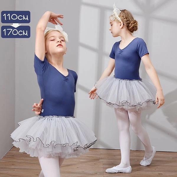 バレエ レオタード 子供 レオタード キッズダンス キッズレオタード 子供ダンス衣装 バレエダンス 半袖 チュチュ 新体操 股下スナップ 女の子 可愛い ダンス服 練習着 子ども用 ブルー 110 1