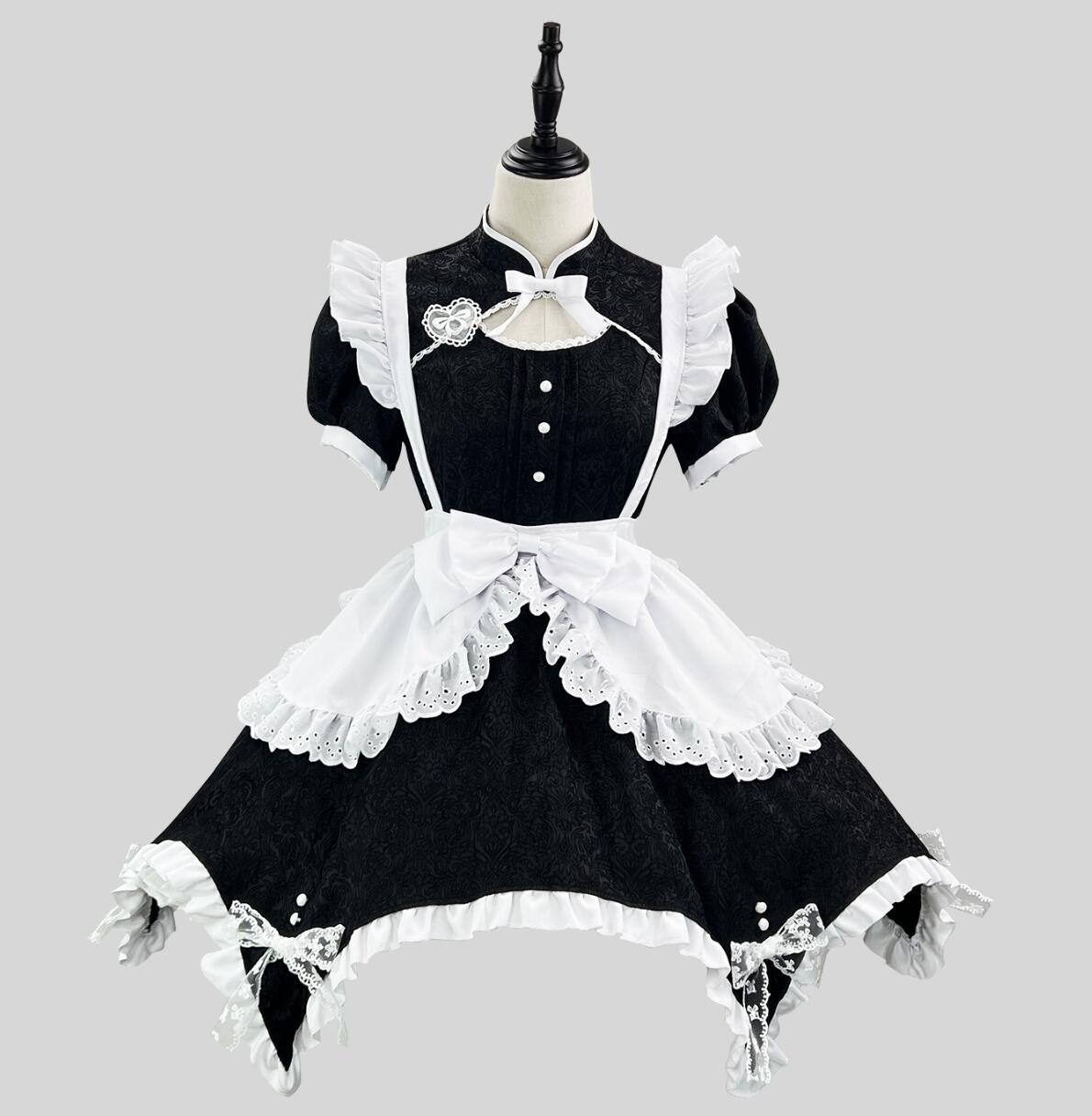 迅速な出荷 メイドコス 中華風 メイド服 大人 ミドル丈 半袖 メイド服 Ａライン ショート丈 ロリータ ワンピース メイドコスチューム 穴開け 裾フリル エプロンドレス チャイナドレス 中華ウェイト