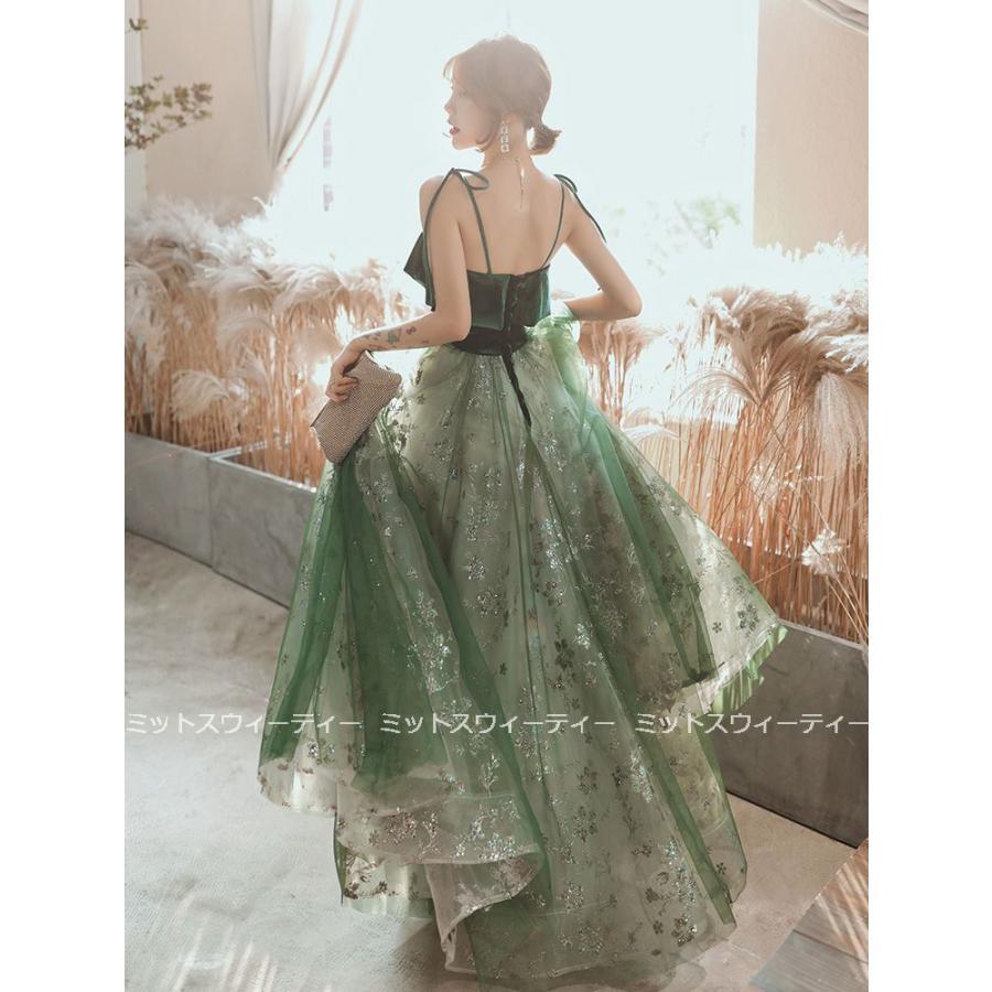 カラードレス ロングドレス 演奏会 Aラインドレス 発表会 パーティドレス 珍しい色 グリーン 緑 二次会 成人式 卒業式 キャミソール ラメ イブニングドレス 上品-148