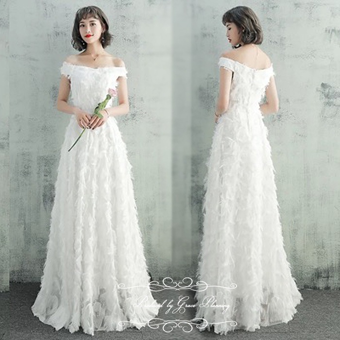 ウェディングドレス オフショルダー 背中ファスナー 前撮り 後撮り 披露宴 リゾートウェディング ガーデンウェディング 小さめサイズ 大きめサイズ 花嫁ドレス 二次会 白 ショール付き ロング フェザ 6,691円
