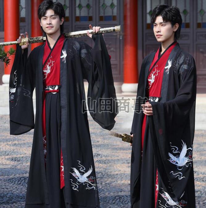 男性中華服　コスプレ衣装 メンズチ ャイナ服 漢服 中華服上下セットアップ 羽織 男性 大人 チャイナドレス 中華衣装 長袖 袴風スカート 華流コスチューム 舞台 ステージ衣装 エスニックな刺しゅう鶴