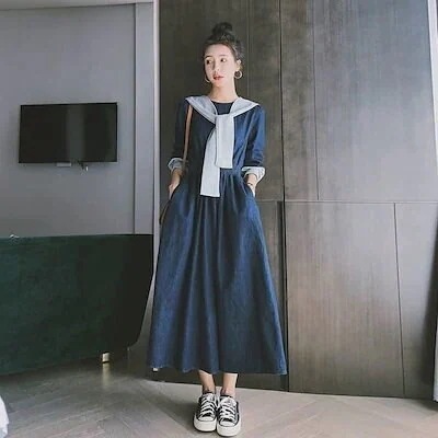ワンピース レディース 女性用 長袖 ロング丈 セーラーカラー 重ね着風 デニム フレア カジュアル