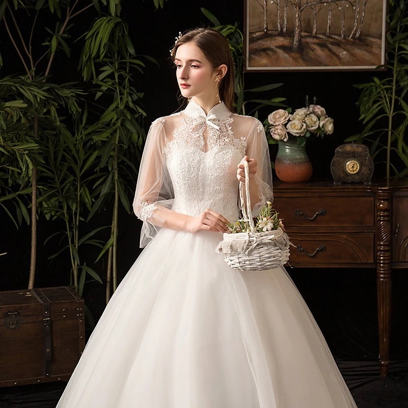 ウェディング ドレス 2022 新作 立ち襟 袖 スリム スリム 花嫁 プラスサイズ フォト スタジオ チー ディ チュン チュン