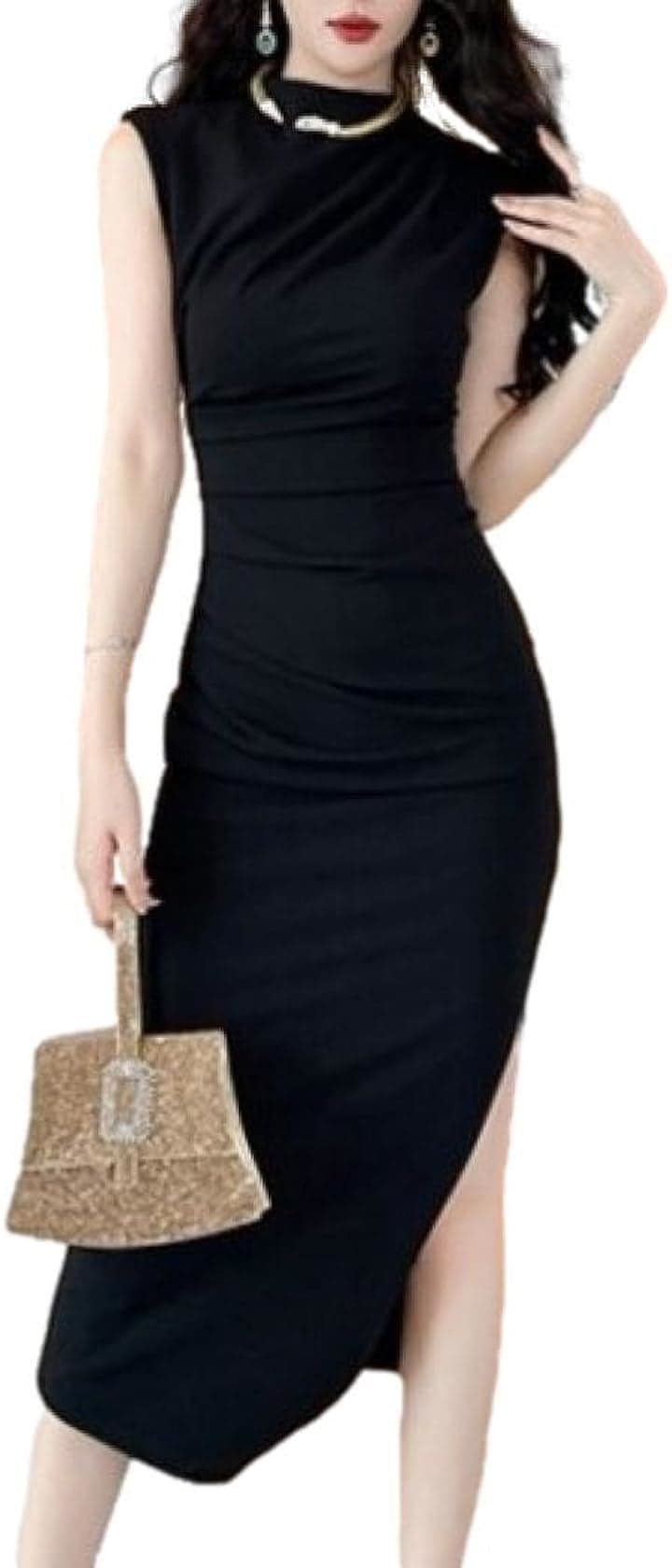 ロング スリット ワンピース ギャザー マキシ イブニングドレス クルーネック ノースリーブ ウエストマーク レディース E90( ブラック, XL)