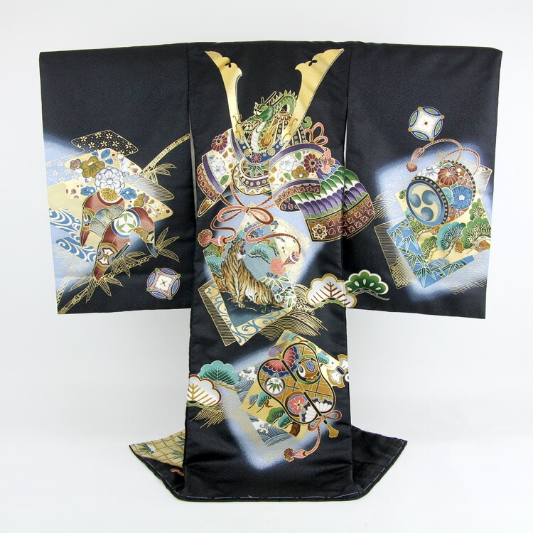 レンタル お宮参り 男の子 着物 レンタル 黒地に兜と虎鞍軍配太鼓松お宮参り レンタル 衣装 男児 祝着　初着 産着 レンタル衣装