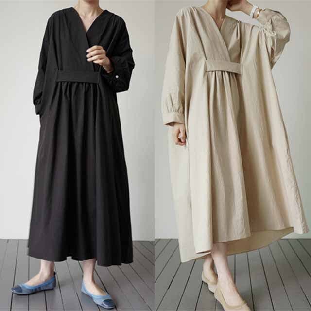 ロング丈ワンピースカシュクールビッグシルエット着物ボリューム袖ハイウエストコットン綿マキシ丈