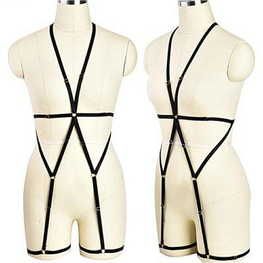 ボンデージ風 ブラックボディーハーネス (セクシーポールダンサー) スレイブ ベルト ガーター 首 腰 足 太もも ウエスト 全身タイツ フリーサイズ 伸縮 ポリエステル nt053xxxxxxxx