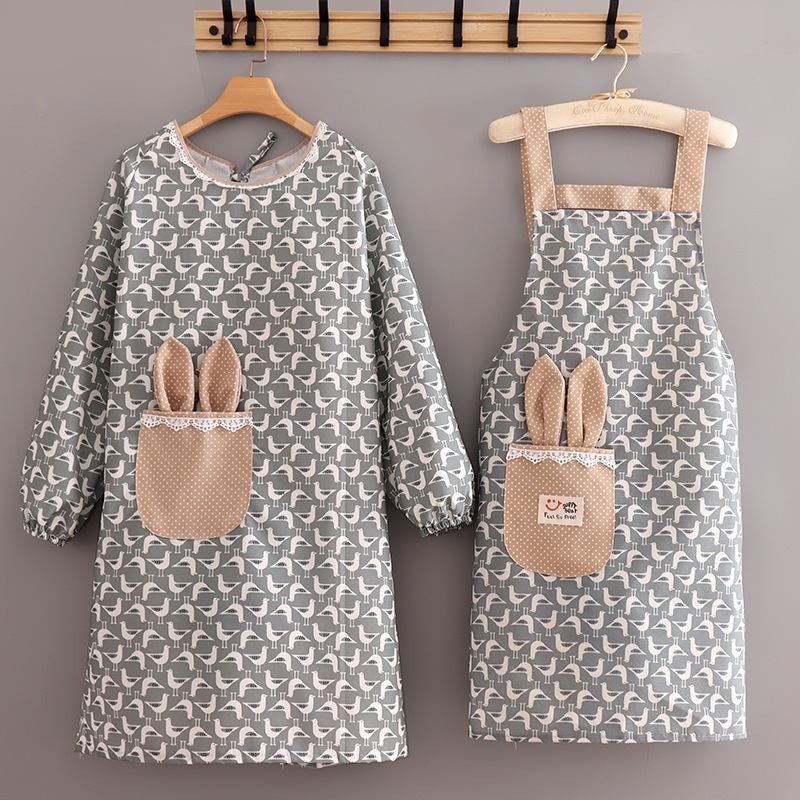 キャンバスキッチンアウターウェア長袖エプロン女性用自宅若い韓国風ブラウス春夏薄手通気性袖仕事用男性