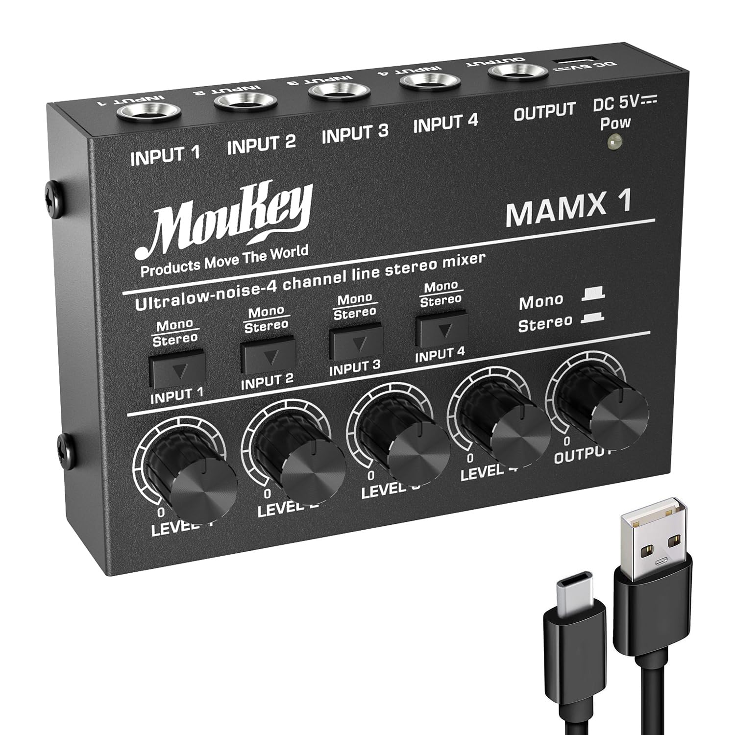 Moukey オーディオミキサー 4チャンネル usb DC 5V超低ノイズ サブミキシング用 ラインミキサー 小型ミニオーディオミキサー クラブ/バー/マイク/ギター/ベース/キーボード/ステージミ