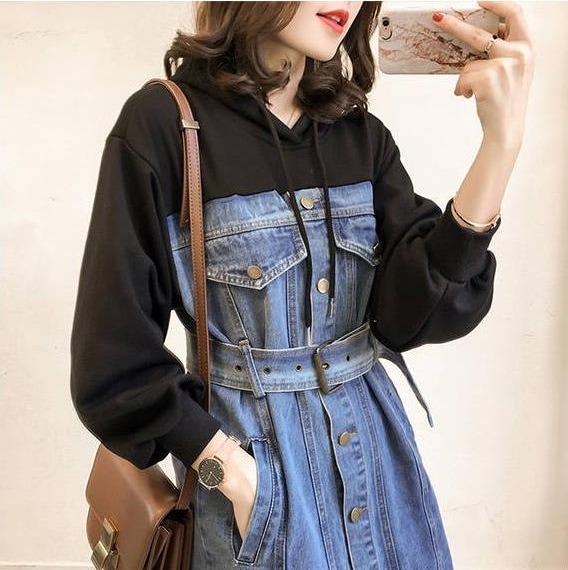 パーカーワンピース フーディワンピ ロングデニムスカート カジュアルデニム スカート ボトムス ワンピース パーカー トレーナー オールインワン ロングスカート コクーンスカート デニムスカート 膝下