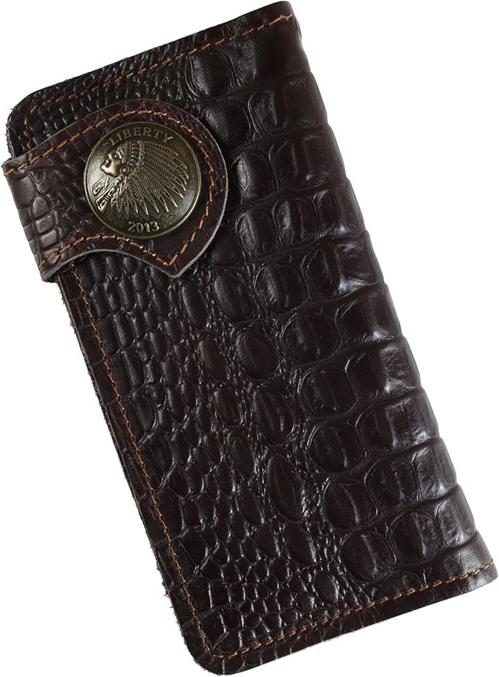 財布 メンズ バイカーズウォレット 長財布 クロコダイル 本革 牛革 クロコ型押し ライダースウォレット レザーウォレット 二つ折り 革財布 長サイフ( ダークブラウンxインディアン)