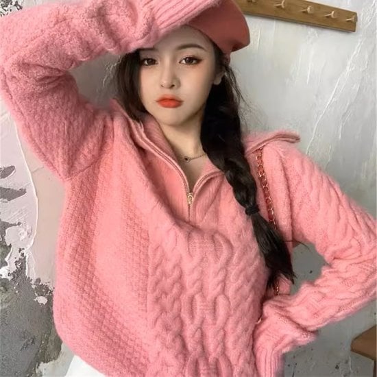 ニットセーター レディース ハーフジップ 長袖 ケーブルニット ハイネック 襟付き ケーブル編み プルオーバー レトロ かわいい きれいめ ガーリー カジュアル ４color あたたか おしゃれ