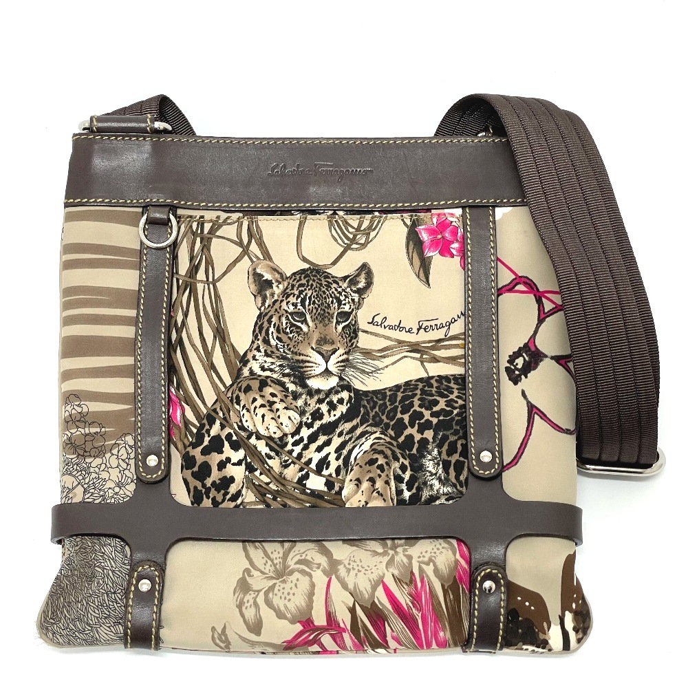 ショルダーバッグ 6405 クロスボディ サコッシュ アニマル レオパード カバン 斜め掛け 肩掛け レザー/ナイロン ブラウン系