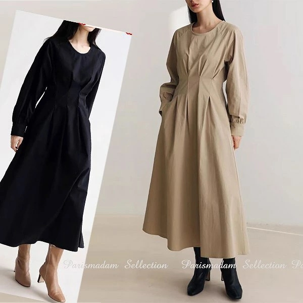 新规入荷続々 コットンワンピース　ロングワンピース　ミモレ丈　フレアスカート　長袖　タックほっそり効果大女子会細く見える通勤通学20代30代40代50代60代